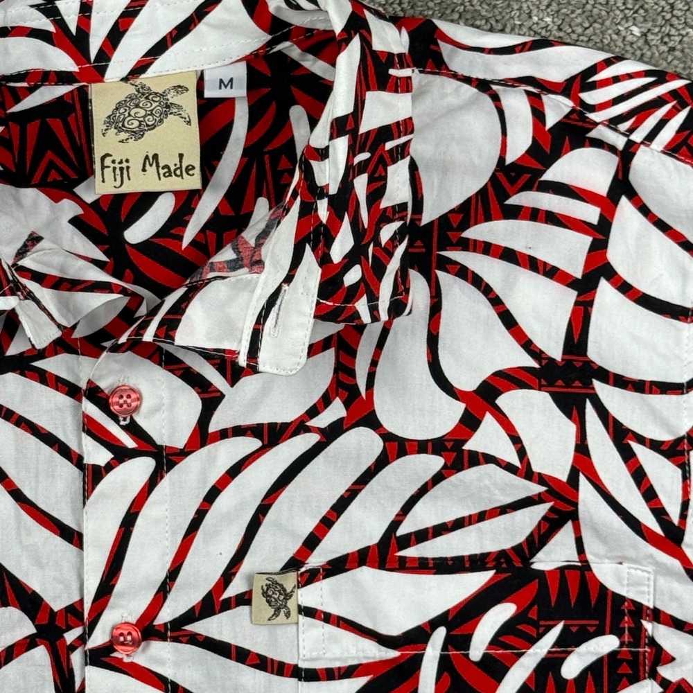 Fiji Made Button Down Shirt Men M Red Black White Tropical Tribal Aloha Island